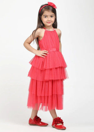 Coral Tulle Tea Length Layered Flower Girl Dress